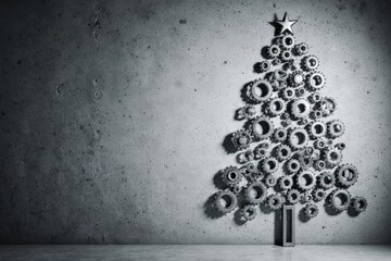 A striking industrial‑style Christmas tree made entirely of metal gears and cogs stands against a raw concrete wall, blending rugged texture with festive spirit 