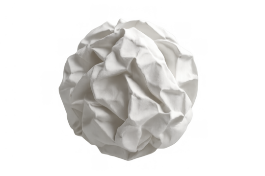 Crumpled white paper ball, a symbol for discarded ideas, errors, waste, or challenges. Transparent background