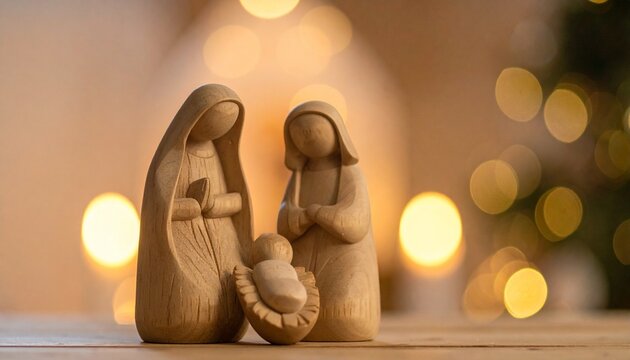 Minimalistische Holzkrippe mit heiliger Familie vor warmem Kerzenbokeh &ndash; modernes Weihnachtsmotiv zur Geburt Jesu
