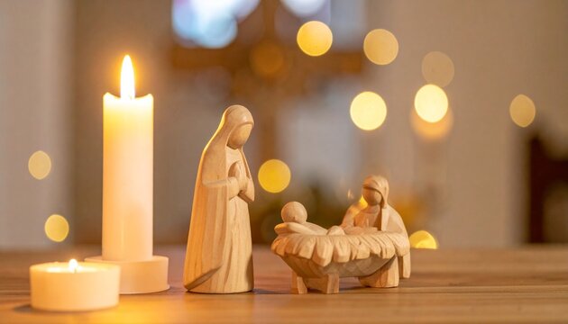 Weihnachtskrippe aus Holz mit Kerzen und warmem Bokeh &ndash; besinnliche Darstellung der Geburt Jesu im Advent
