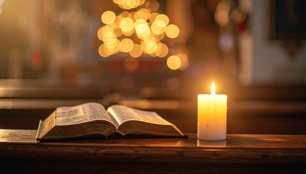 Ge&ouml;ffnete Bibel mit Kerze in der Kirche &ndash; warmes Weihnachtsbokeh und besinnliche Adventsstimmung
