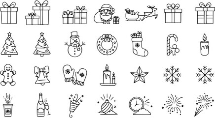Detailed line art icons set for Christmas and New Year holidays. Featuring festive elements like Santa, gifts, trees, snowman, wreath, candles, mittens, clock, fireworks  more celebration symbols.