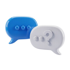 Two 3D speech bubbles one blue and one white with question mark.