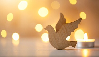 Holztaube vor Teelicht und goldenem Bokeh – friedvolles Weihnachts- und Adventsmotiv als christliches Symbol