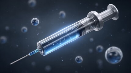 Futuristic syringe with glowing vaccine injection medical lab digital art high fidelity sci-fi concept