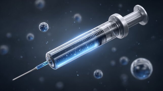 Futuristic syringe with glowing vaccine injection medical lab digital art high fidelity sci-fi concept