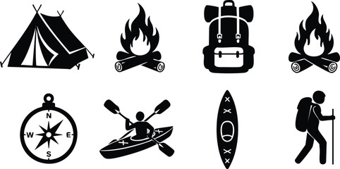 Fototapeta premium Camping adventure icons set with tent campfire backpack compass kayak and hiker silhouette vector