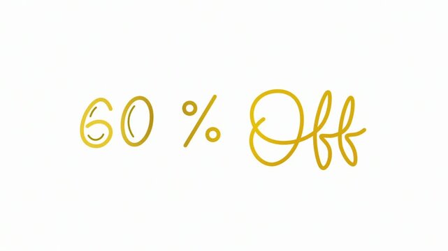 60% off One line continuous animated typography intro outro, hand drawn calligraphy monoline vintage text on background, sale marketing discount offer lettering video golden  type on white backdrop 