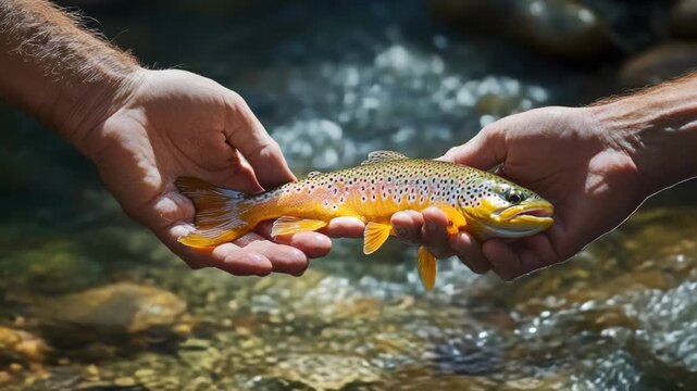 Video A person grasping a fish with their bare hands, perhaps for a meal or display