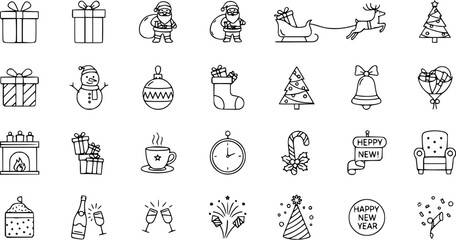 Christmas  New Year Line Art Icons Set: Holiday Gifts, Santa, Tree, Sleigh, Celebration Elements - Vector Illustration