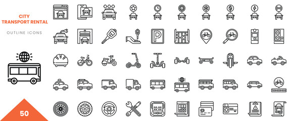 Set of 50 outline icons representing various city transport rental options.