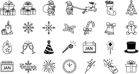 New Year and Christmas Icon Set: Hand-Drawn Holiday Elements for Greetings  Decorations