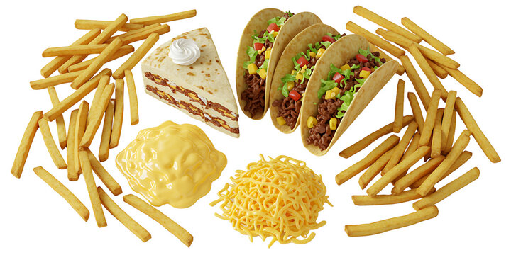 A circular arrangement of fast food items including tacos french fries mashed potatoes shredded cheese and cake
