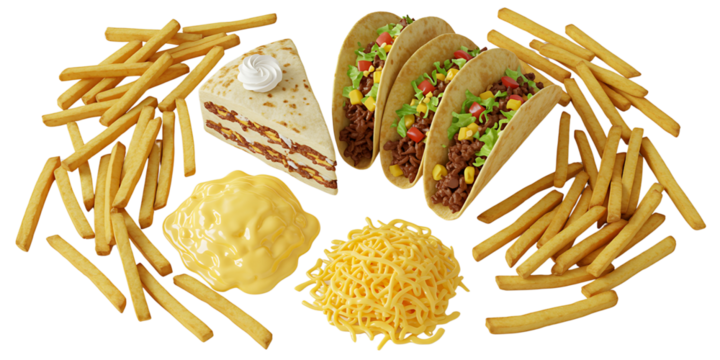 A circular arrangement of fast food items including tacos french fries mashed potatoes shredded cheese and cake