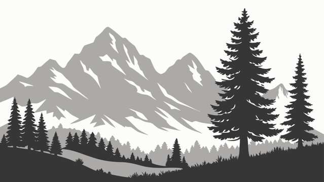 Majestic snow capped mountains towering over evergreen forest and river