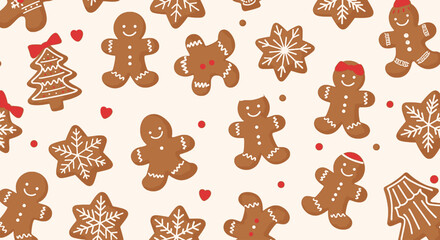 A festive pattern of various gingerbread cookies including men, stars, and a Christmas tree, with small red hearts and dots on a light background.