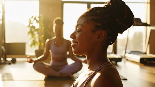 Two women meditating in a sunlit room, peaceful morning yoga practice, embracing self-care and mindfulness in a natural setting