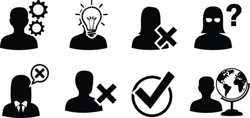 Business decision making icons with human silhouettes and symbols in black vector set