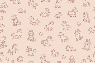  Cute seamless pattern with playful pony illustrations in various poses. 
