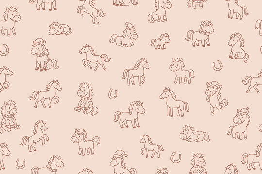  Cute seamless pattern with playful pony illustrations in various poses. 
