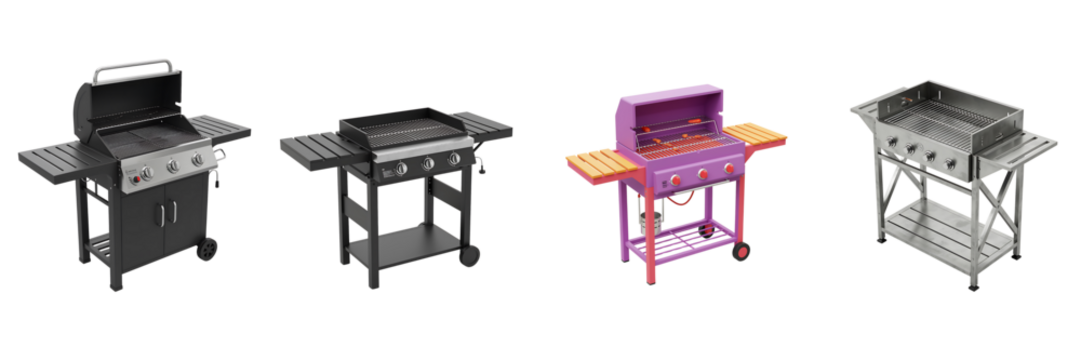 Collection of four different barbecue grills in isometric view on black background - Powered by Adobe