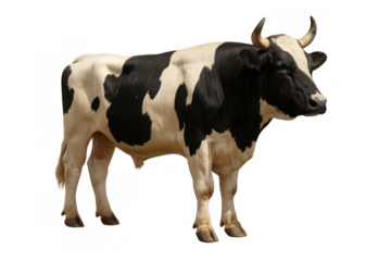 Holstein friesian bull, an iconic black and white horned farm animal, standing with a transparent background
