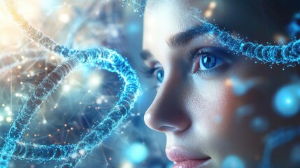 Portrait of Woman with Futuristic DNA Technology Background