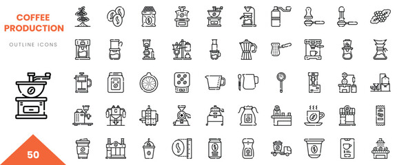 Variety of coffee production outline icons including grinders, brewers, and accessories.