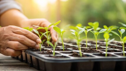 Person working with seedlings in a tray during sunlight