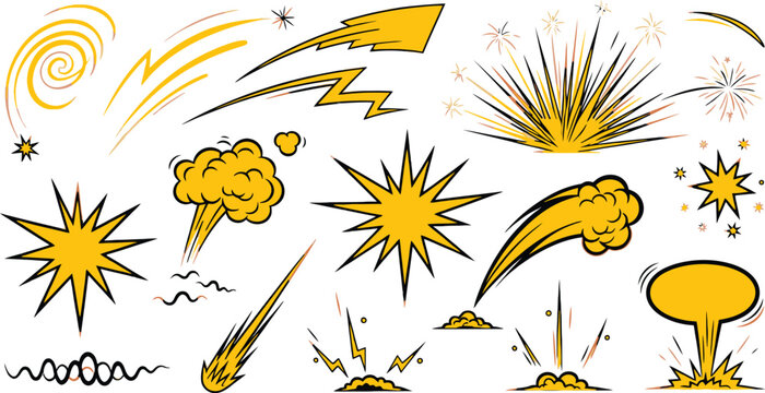 Collection of retro comic book style explosion and motion effect graphics