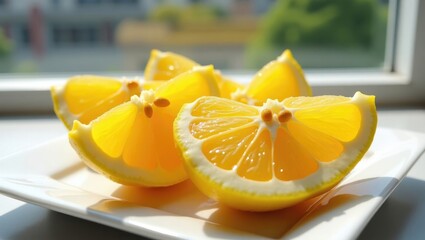 Freshly sliced bright yellow oranges on a white plate in sunlight