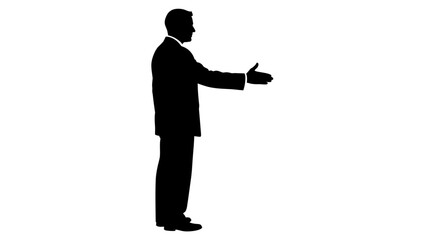 Dynamic silhouette of a businessman extending hand for a handshake, symbolizing agreement, partnership, and success in modern business ventures