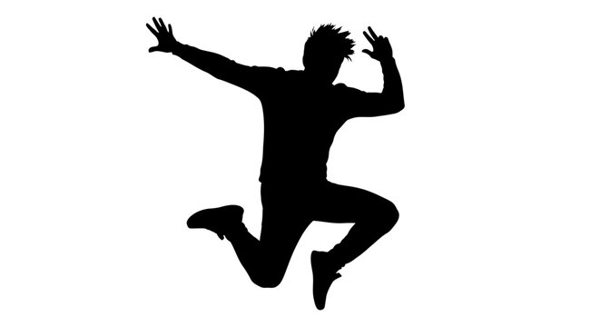 Dynamic silhouette of person jumping for joy against white backdrop - perfect for expressing freedom, achievement, and boundless energy in your project