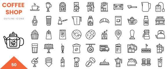 A collection of outlined icons representing various coffee shop elements and items.