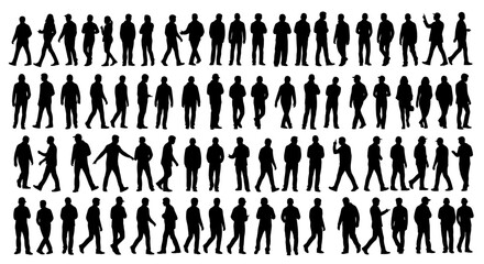 Diverse crowd of people silhouettes walking, standing, and interacting representing community, urban life, and anonymous figures in a variety of poses