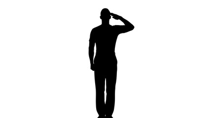 Silhouette of respectful man saluting against white background evokes honor, duty, and remembrance, perfect for patriotic campaigns and military themes