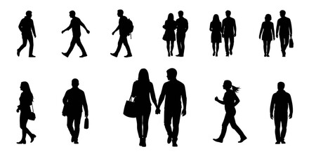 Diverse group of people walking together in silhouette, ideal for urban lifestyle, community, and togetherness concepts with modern simplicity