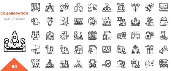 A diverse collection of collaboration-themed outline icons showcasing teamwork and innovation.