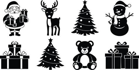 Naklejka premium Christmas holiday vector icons featuring Santa Claus reindeer snowman decorated trees teddy bear and gift boxes