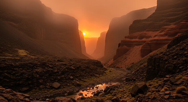 Dramatic canyon sunset with fiery sky and rocky terrain