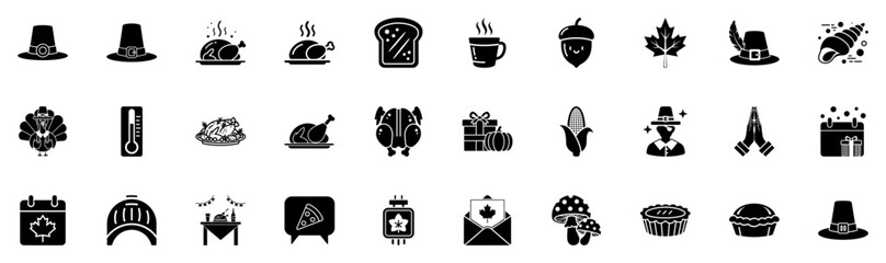 Black and White Thanksgiving, roasted bird, chicken platter, pie icon, tart icon, baked goods Icon Collection