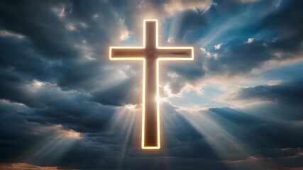 Radiant religious cross symbol emanating light against a dynamic backdrop of dramatic, contrasting blue and white clouds