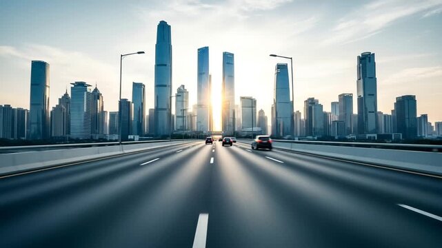Fast motion highway driving towards modern city skyline at sunrise with sun flare and blurred cars