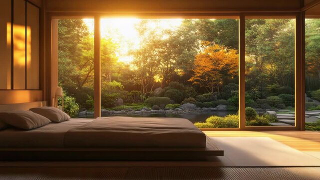 Video A cozy bedroom with a bed sitting next to a window, perfect for a peaceful morning or afternoon nap