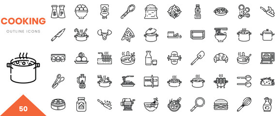 A collection of cooking outline icons including pots, utensils, and food items depicted in minimalist design.