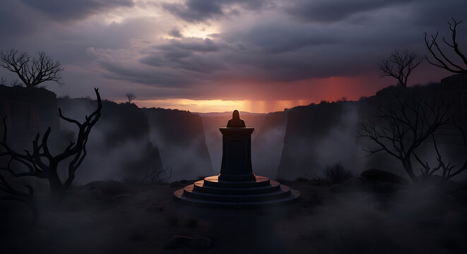 Mysterious lighthouse silhouette against dramatic sunset sky - Powered by Adobe