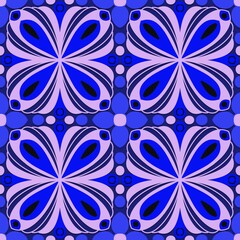 abstract seamless pattern,pink,black curves ,painted create to flowershape, leaves, blue background in geometric patterns as sarong,fabric,tile,printed fabric,batik,tablecloth patterns.