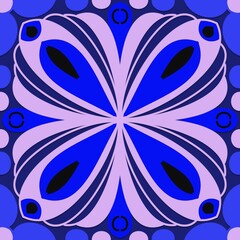 butterfly on blue background,pink,black curves ,painted create to flowershape, leaves, blue background in geometric patterns as sarong,fabric,tile,printed fabric,batik,tablecloth patterns.