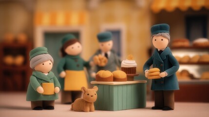 Charming bakery scene with animated characters enjoying pastries and a dog in a cozy town setting