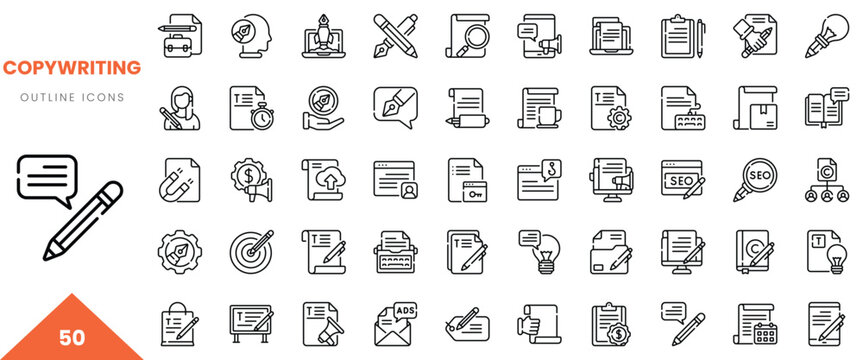 Collection of modern outline icons representing copywriting concepts and tools.